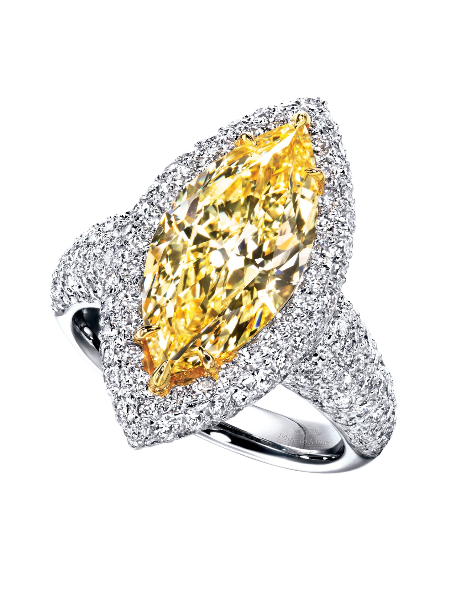Marquise fancy yellow diamond ring with pavé halo