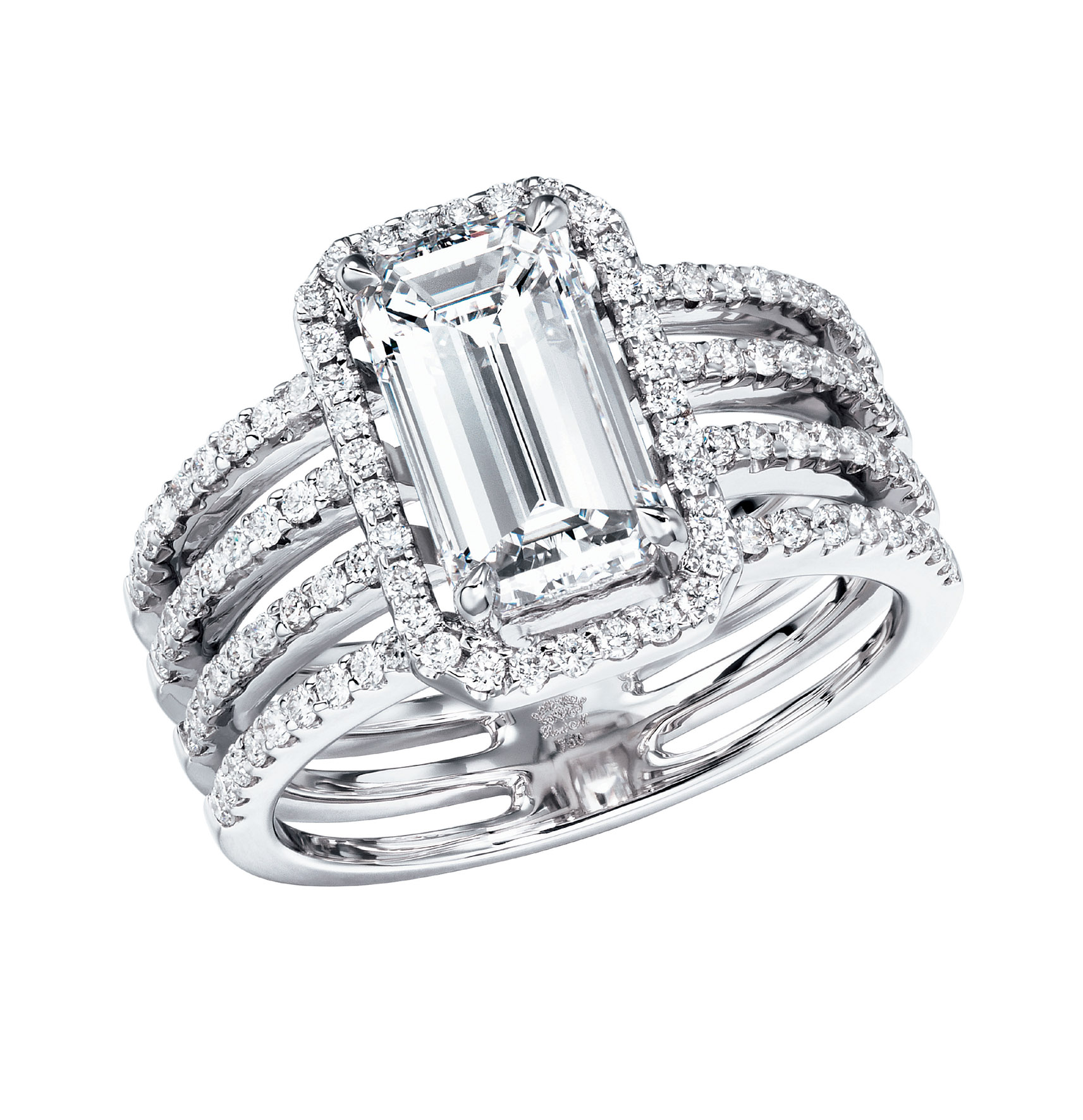 Emerald-cut diamond ring with multi-row pavé band