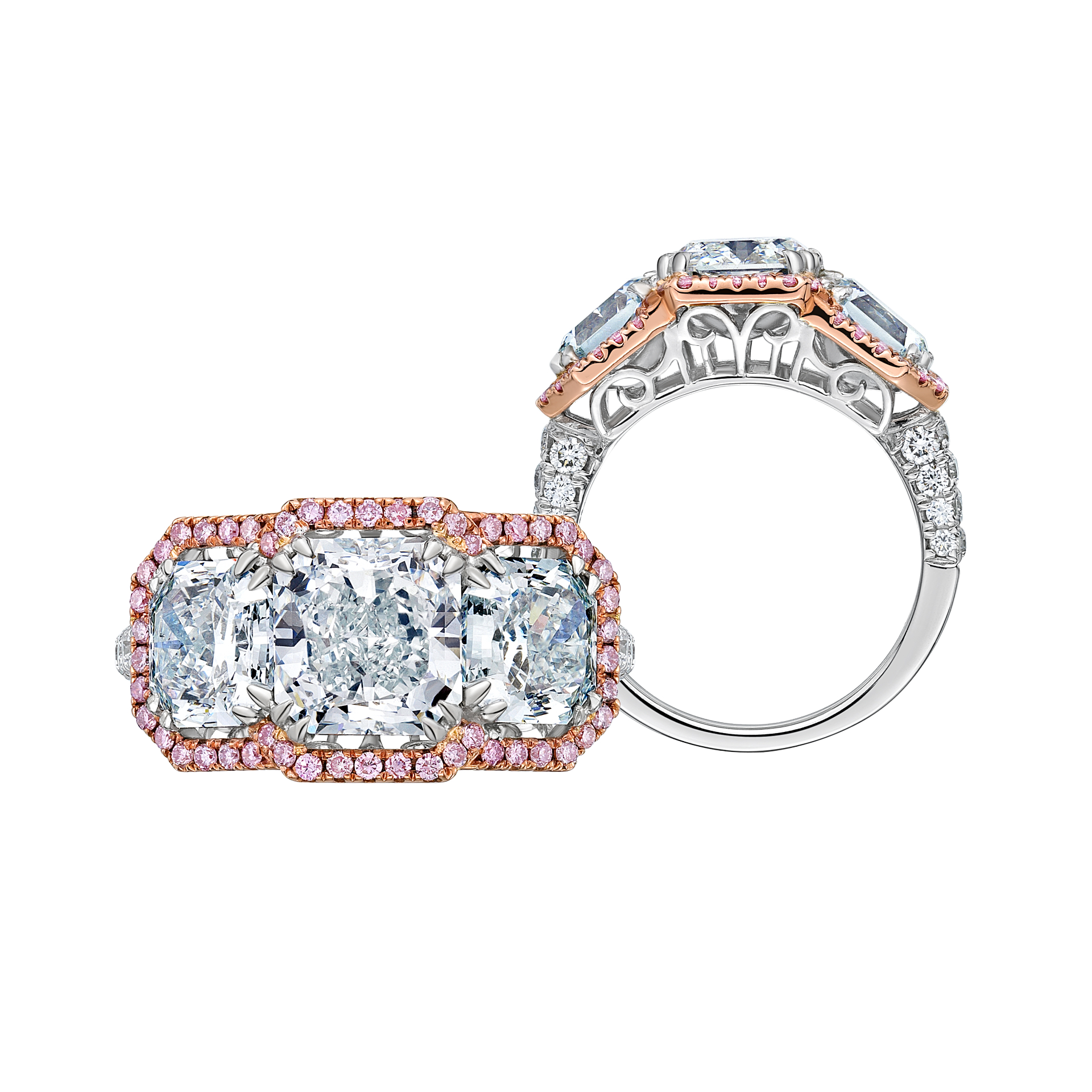 Three-stone diamond ring with pink pavé halo, two views