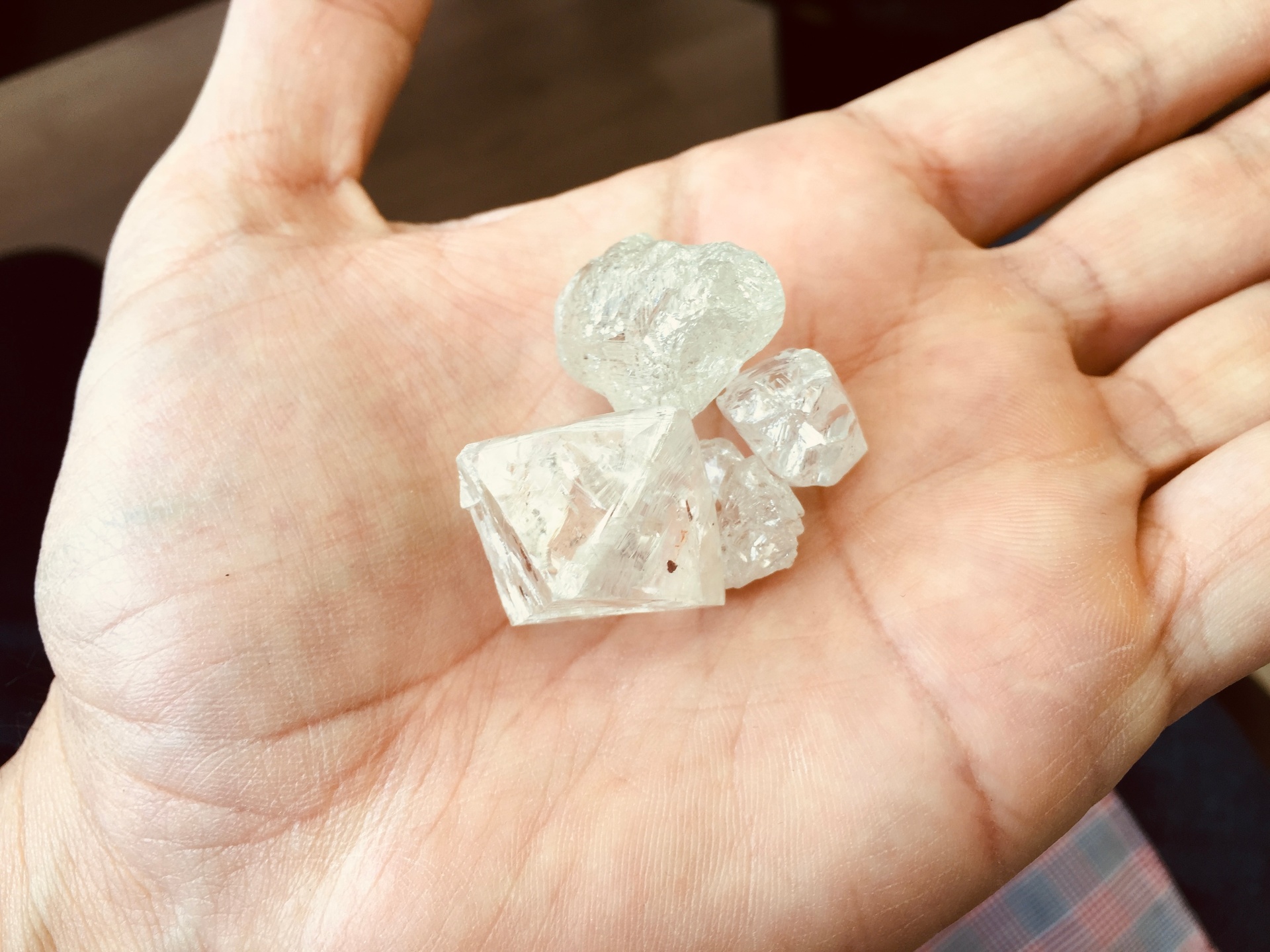 Cluster of rough diamond crystals held in a palm