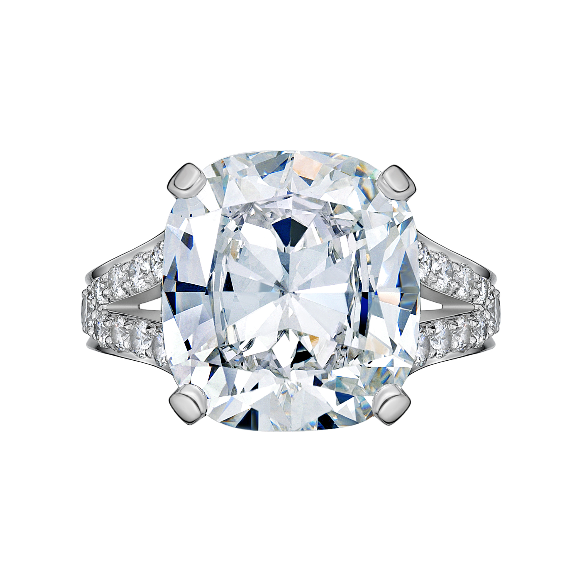 Cushion-cut solitaire diamond ring with split pavé shank
