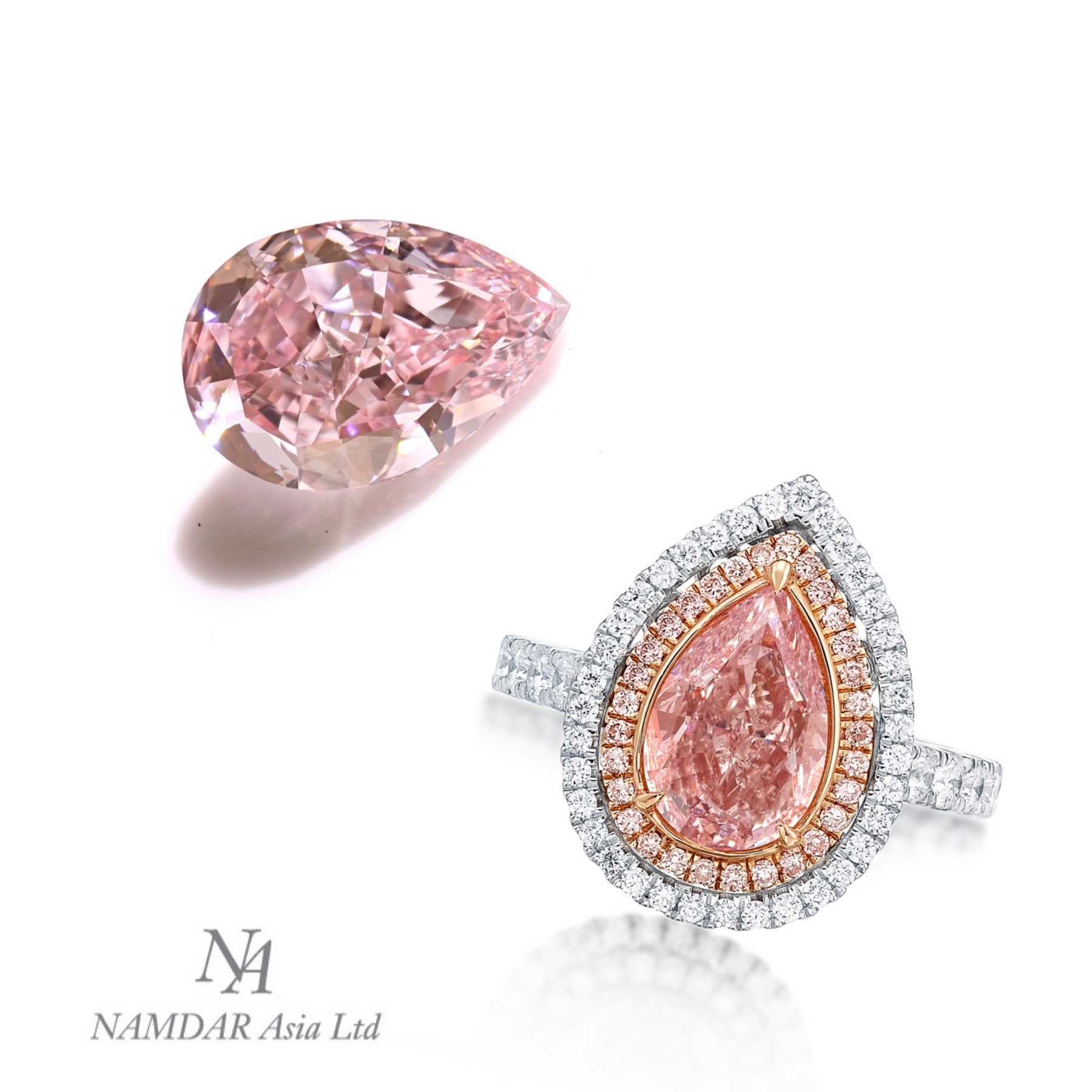 Pink pear diamond beside a halo ring setting