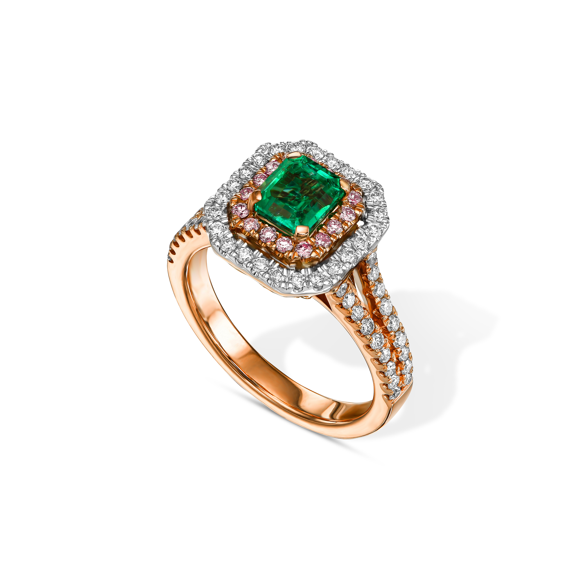 Emerald and pink diamond halo ring in rose gold
